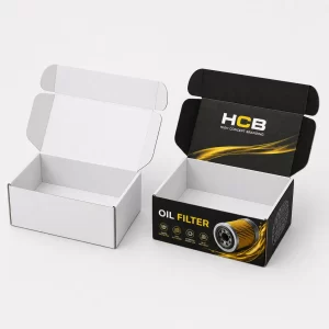 Two premium black and red oil filter boxes featuring custom logos and automotive graphic elements.