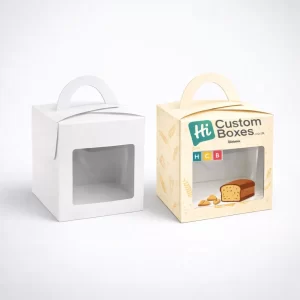 Two open cardboard mailer boxes, one plain brown and one featuring custom bakery-themed branding.