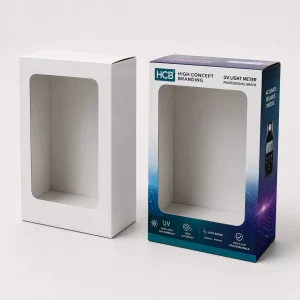 Open white and purple custom cardboard tuck top boxes designed for digital UV meter devices.