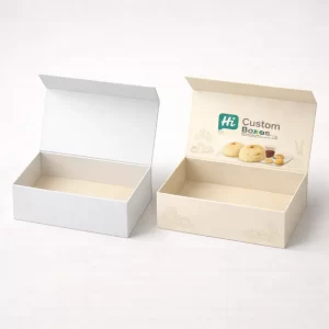 White and brown scone boxes with custom branding and artistic wheat illustrations on the sides.