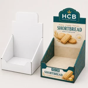 Open display box with branded green sleeves for retail shortbread biscuit shelf presentation.