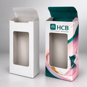 Two vertical boxes with large die-cut windows, one plain white and one with decorative teal patterns.