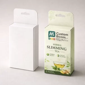 Slimming tea boxes in white and green featuring custom logos and natural botanical graphic elements.