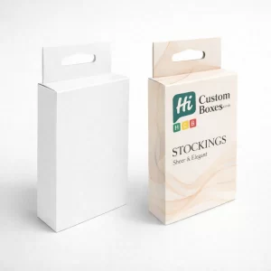 Two upright hanging retail boxes, showcasing a branded design with a convenient die-cut somber tab.