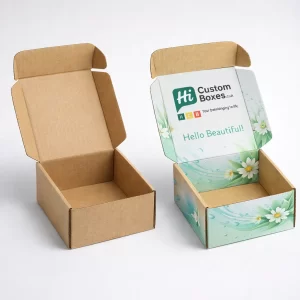 Two corrugated mailer boxes, one natural brown and one white with blue wave interior prints