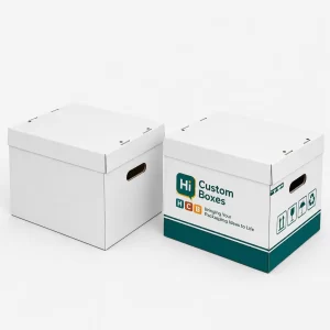 Heavy-duty white and teal corrugated storage boxes with removable matching lids.