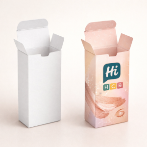 Two square two-piece rigid boxes, one plain white and one with elegant purple eyeshadow branding.