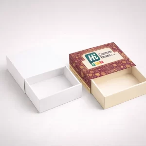 Two sturdy white two-piece boxes with lids, including one featuring custom blue festival branding.