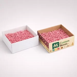 Two cardboard serving trays, one plain white and one branded for takeaway festival dessert treats.