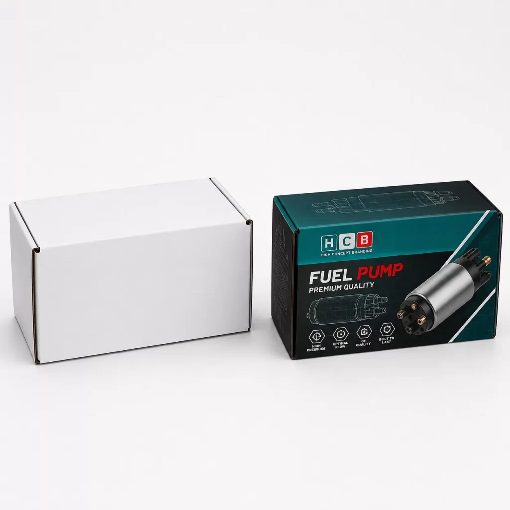 Corrugated roll end tuck top mailer boxes printed with automotive fuel pump graphics.