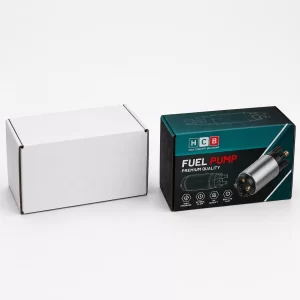 Corrugated roll end tuck top mailer boxes printed with automotive fuel pump graphics.