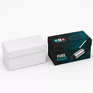Two piece cardboard boxes with lids featuring printed technical illustrations for electric fuel pumps.