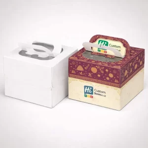 Two white rectangular boxes with flip lids, one plain and one featuring custom festival dessert branding.