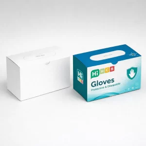 Bespoke Gloves Boxes.png: A plain white rectangular box next to a blue and white printed protective gloves dispenser.