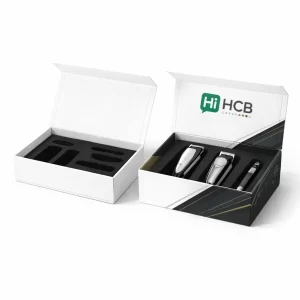 Two open high-end boxes with custom foam padding, showcasing a branded design for hair grooming kits.