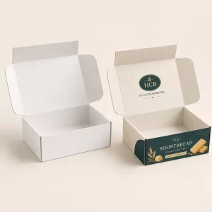 White cardboard mailing box paired with a branded shortbread box featuring gold lettering.