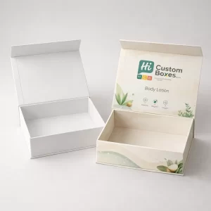 Two premium rigid drawer boxes, one minimal white and one decorated with soft pastel floral illustrations.