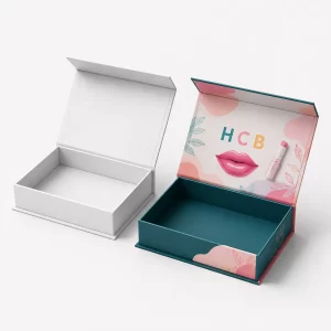Premium rigid magnetic closure gift boxes in a blank white and printed pink finish.