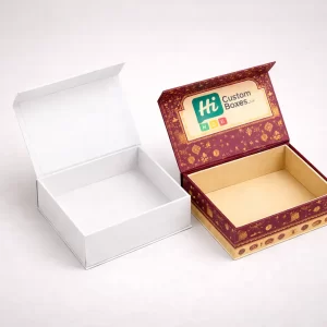 Two premium flip-top magnetic boxes, one blank white and one branded with elegant blue festival illustrations.