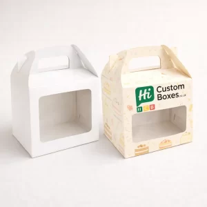 Two white rectangular boxes with flip lids, one plain and one with custom bakery branding.