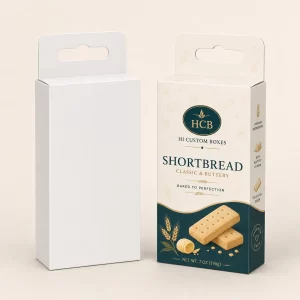 Plain white hanger box displayed beside a branded green carton for shortbread biscuits.