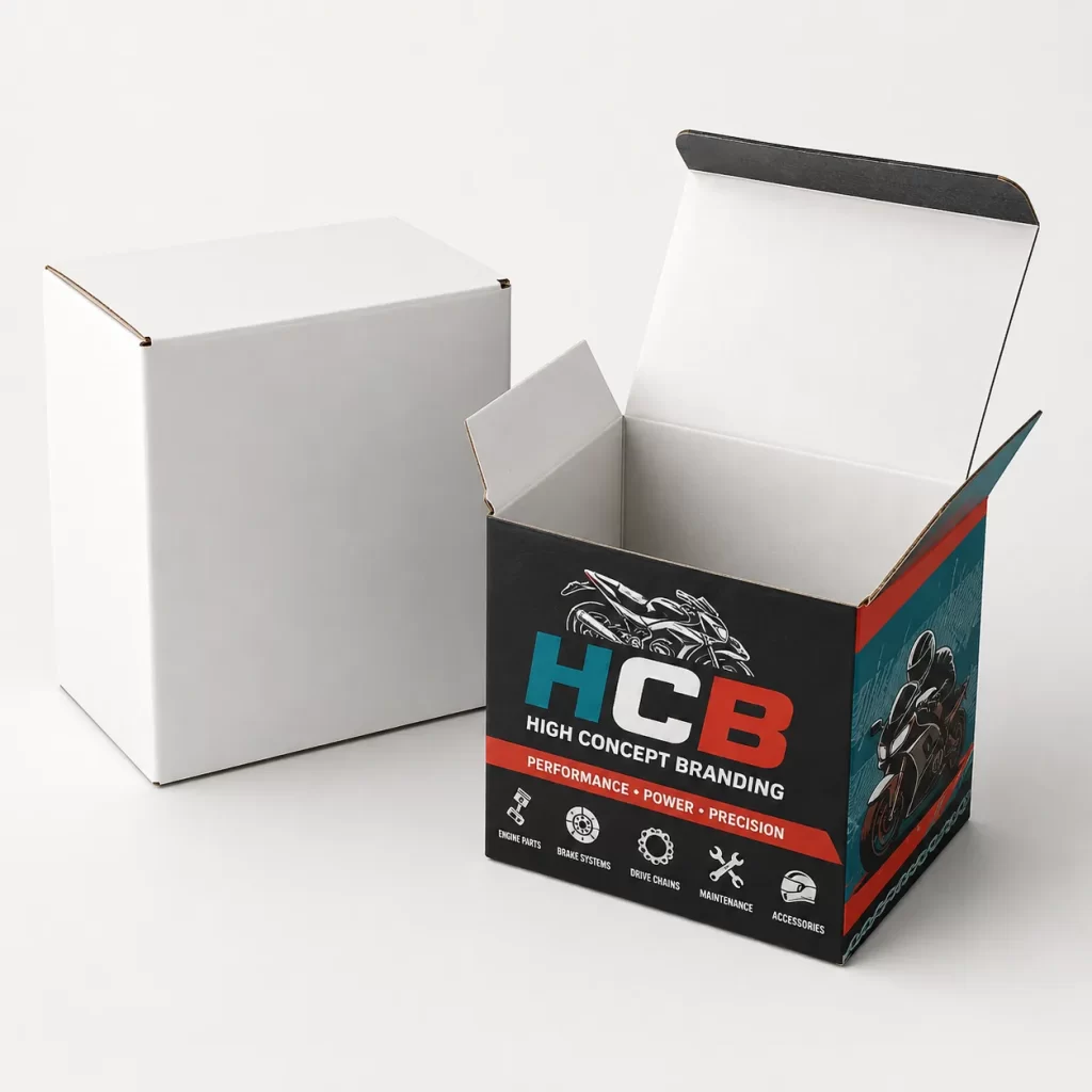 Two bespoke black and green motorcycle parts boxes featuring custom logos and automotive part graphics.