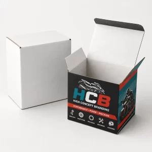 Two bespoke black and green motorcycle parts boxes featuring custom logos and automotive part graphics.