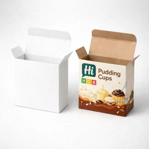 Vertical food packaging boxes, one plain white and one with teal wave patterns and HCB branding.