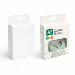 A pair of vertical cardboard boxes with hang tags, featuring a die-cut window and branding.