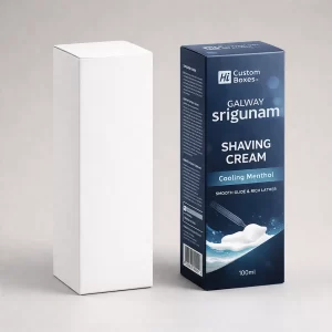 A plain white tall rectangular carton standing beside a dark blue branded shaving cream retail box.