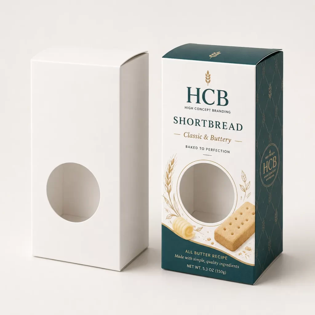 Blank white carton beside a green branded box with a circular die-cut window.