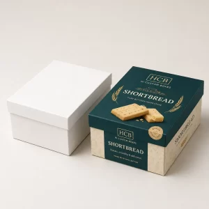 Empty white box beside a branded green retail carton for premium shortbread packaging.