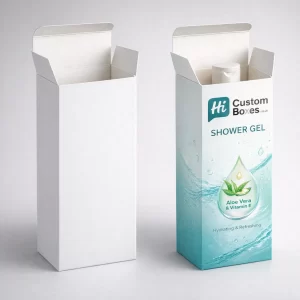 Two tall vertical white card boxes, one plain and one featuring aloe vera and vitamin E branding.