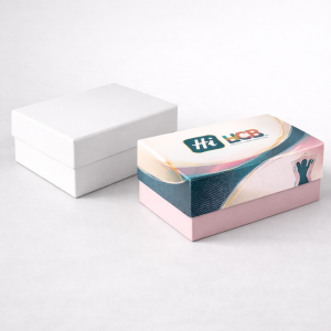 A plain white two-piece rigid box next to a branded version featuring teal and pink swirls.