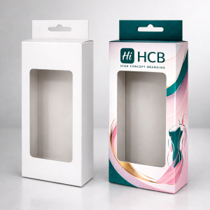 Hanging retail boxes with rectangular windows, one plain white and one featuring high-concept branding and graphics.