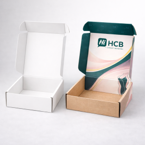 Two open cardboard mailer boxes, one plain white and one with elegant pink and teal branding.