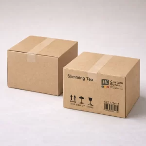 Elegant white and green tea boxes with custom branding and organic leaf illustrations on top.