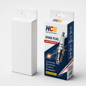Pair of premium automotive spark plug boxes in black and blue with clean branding designs.