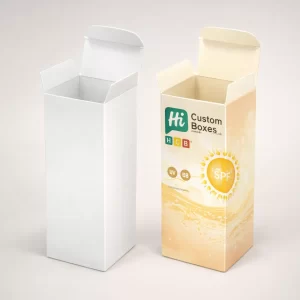 Two tall rectangular product boxes, one blank white and one printed with vibrant sunscreen branding.