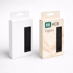 Retail display boxes with a rectangular cutout window showing black fabric inside, with branded graphics.