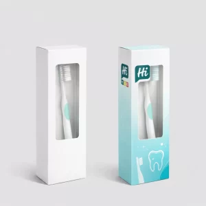 all rectangular toothbrush boxes featuring a transparent plastic window and a minimalist dental-themed design