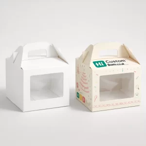 Two white gable boxes with front-facing clear windows and handles, one plain and one illustrated.