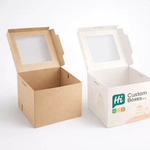 Two open square cake boxes with clear top windows, shown in natural brown and printed white.