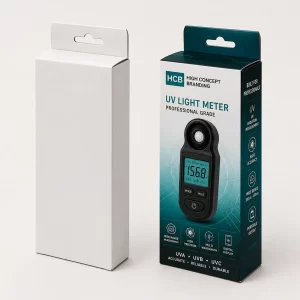 Custom printed cardboard tuck top boxes with a purple wave pattern for UV light meters.