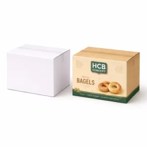 Two square cardboard cartons for bagel shipping, featuring a plain white and a colourful wholesale design.