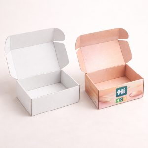 Two drawer-style slide boxes, one plain white and one featuring custom purple eyeshadow base designs.