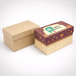 Two drawer-style slide boxes, one plain white and one featuring custom blue floral festival designs.