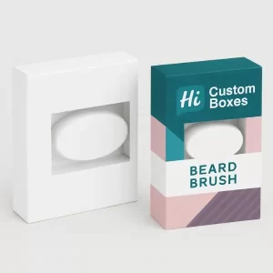 ustom beard brush box with window cut-out- showcasing wooden beard brush inside premium retail packaging