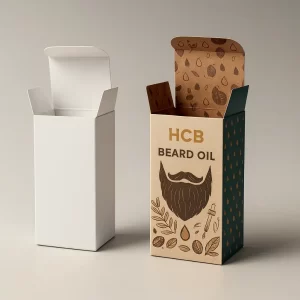 Custom beard oil packaging box with tuck top design- showing a plain white version and a branded version featuring beard illustration- leaves- and oil droplet graphics with HCB Beard Oil text