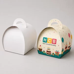 Two square gift boxes, one plain white and one decorated with vibrant birthday party graphics.